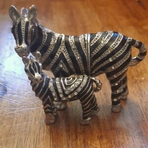 Vintage Crystal Encrusted Zebra Mom and Baby Trinket Box.